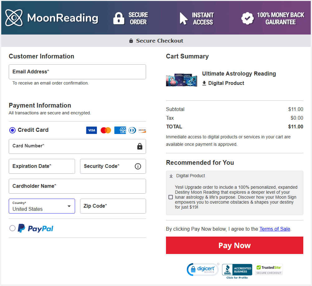 Moon Reading checkout page showing secure purchase and instant access to your personalized moon sign reading for deeper clarity and self-discovery.